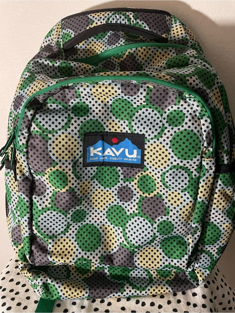 Kavu Green Gray Yellow Polka Dot Backpack